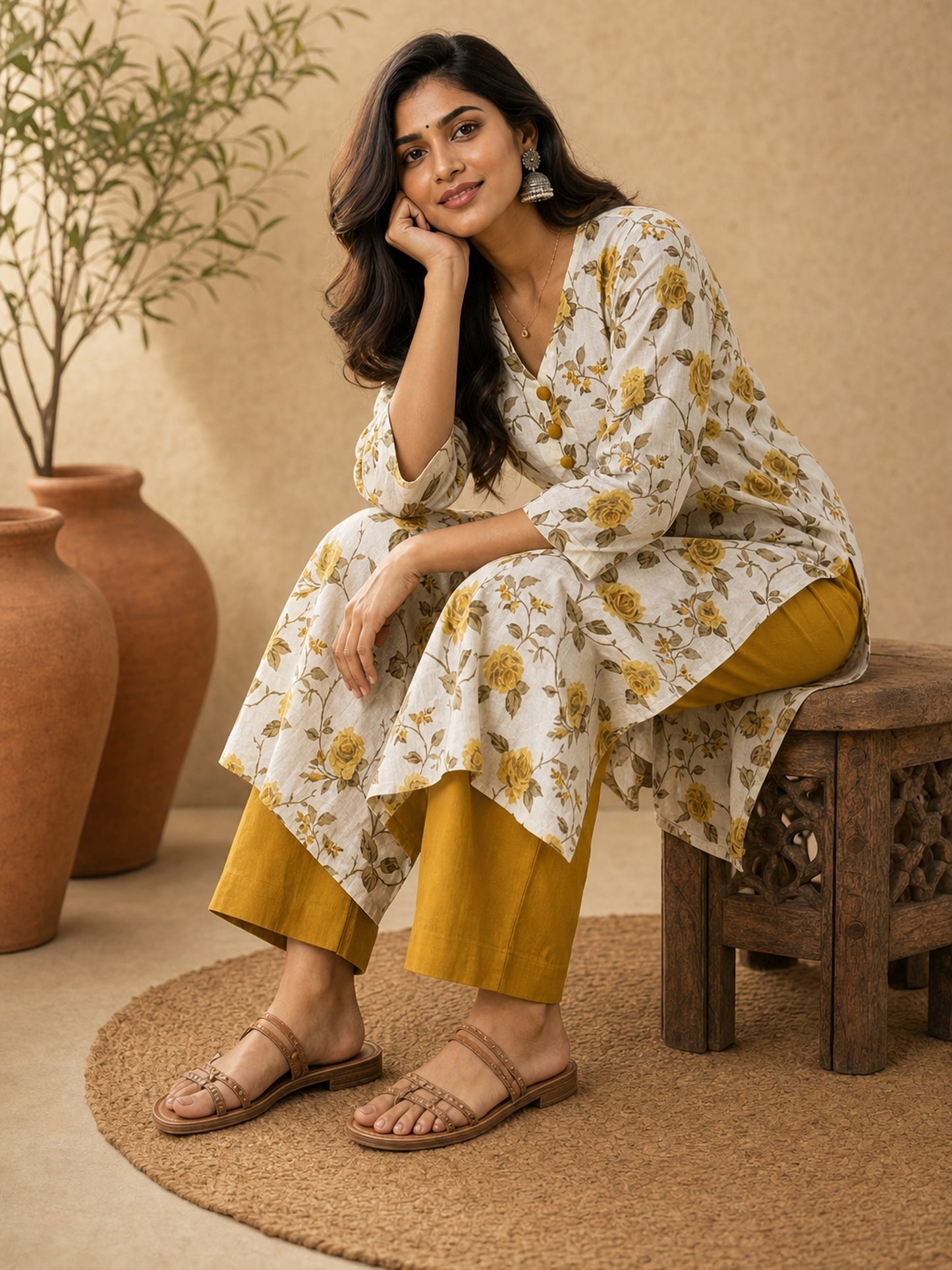 Chic White Floral Printed Cotton Kurta with Straight Silhouette