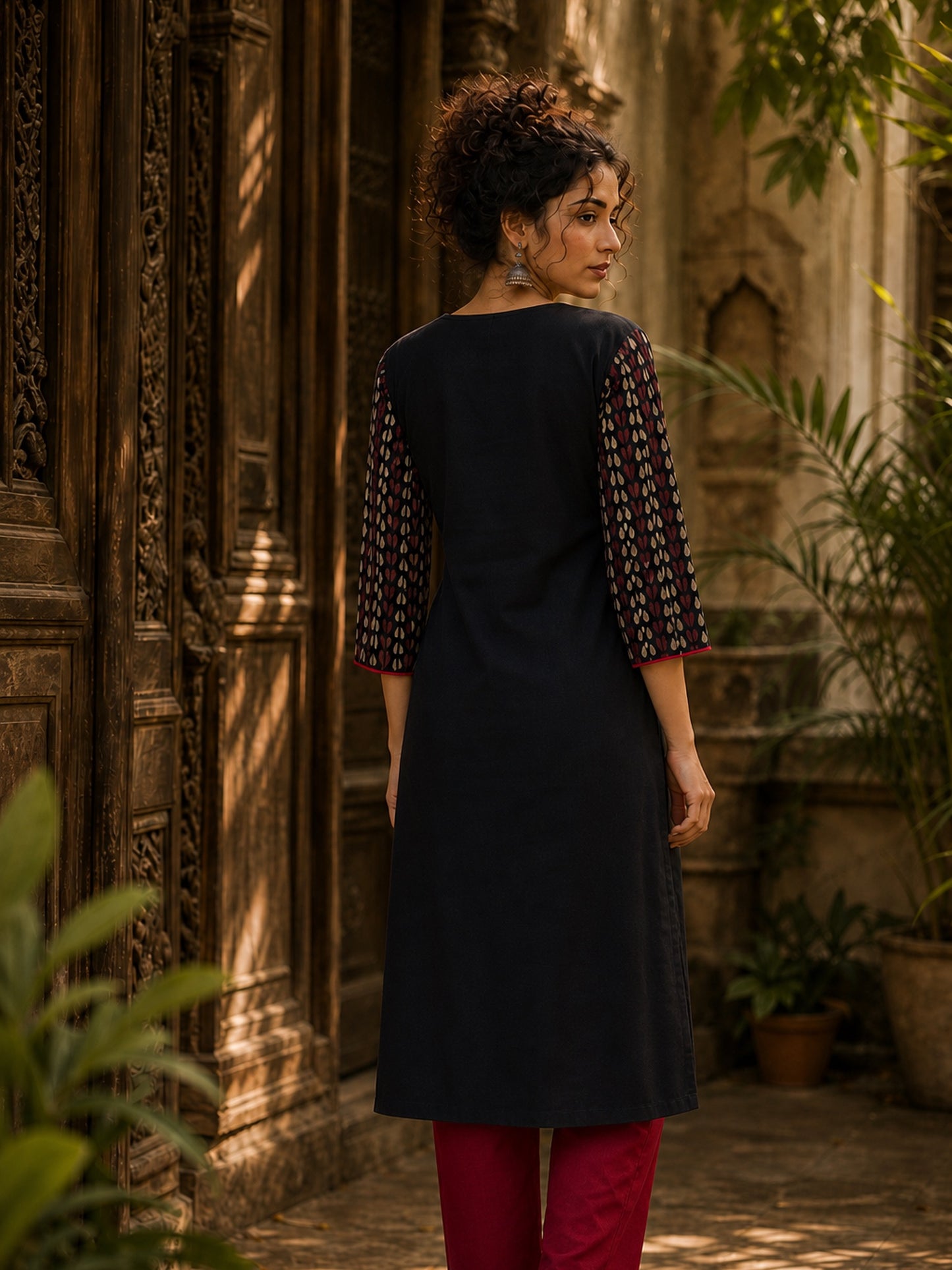 Black Cotton Kurta with Ajrakh Printed Asymmetrical Panel and Coin Detailing