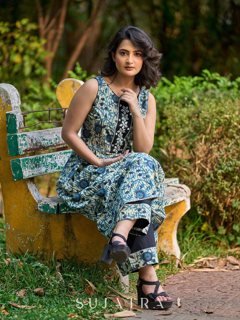 Artisan Indigo Floral Kurta with Black Mirror Work and Pleated Yoke Silhouette