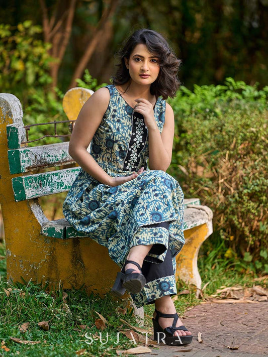 Artisan Indigo Floral Kurta with Black Mirror Work and Pleated Yoke Silhouette