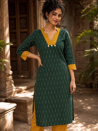 Classic Green Ikat Cotton Straight Kurta with Contrast Mustard V-Neckline & Scalloped Cuff Band