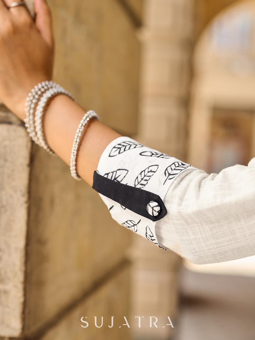 Classic White Cotton Kurta Featuring Black Leaf Vine Embroidery & Printed Sleeve Detail