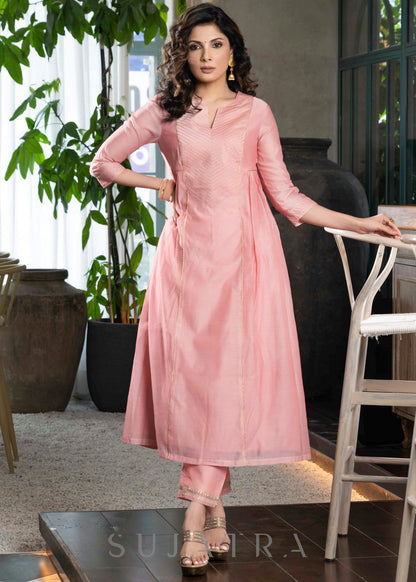 Light pink chanderi flared kurta with gold detailing
