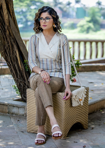 Exclusive striped beige handloom cotton top