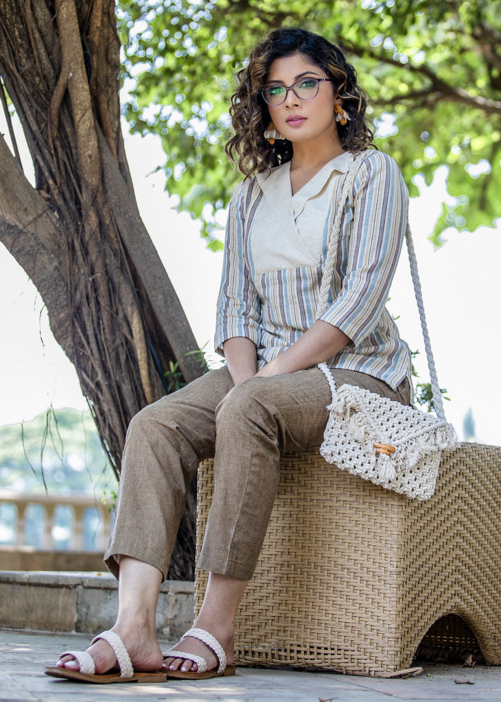 Exclusive striped beige handloom cotton top