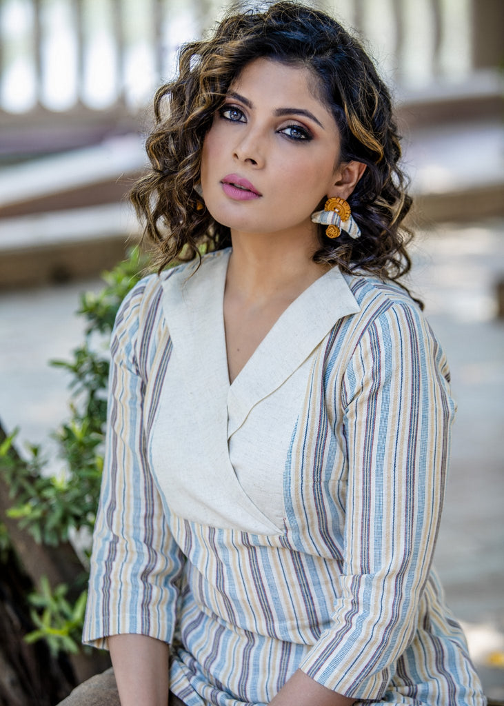 Exclusive striped beige handloom cotton top