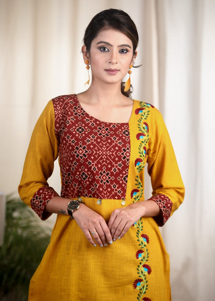 Thread embroidered mustard cotton Ajrakh tunic