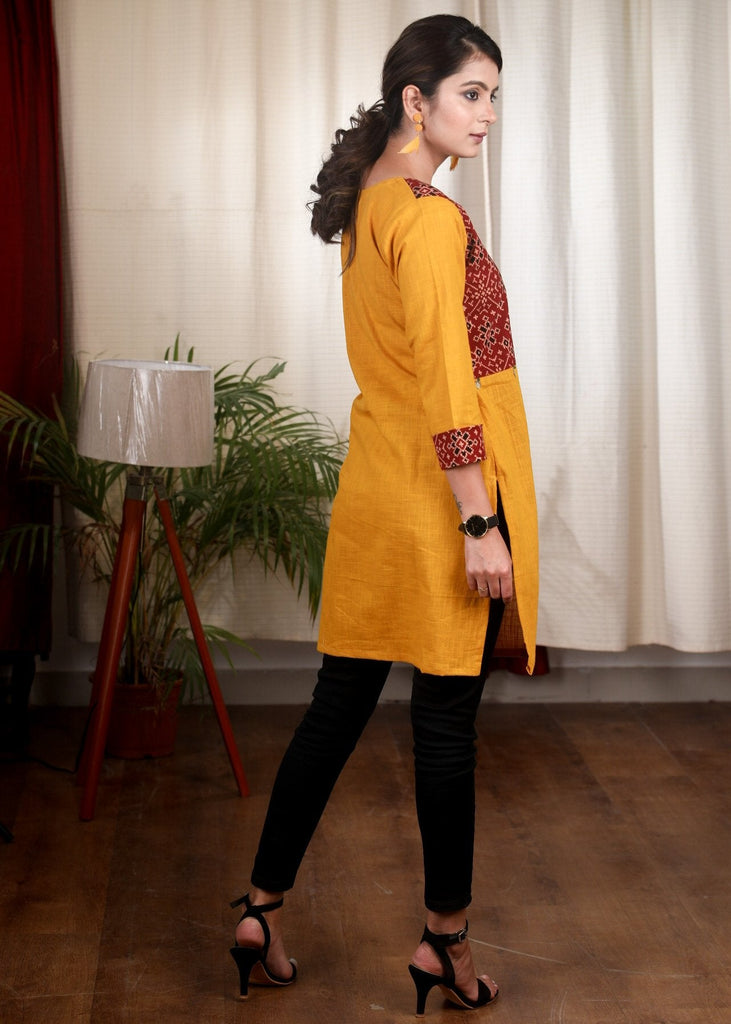 Thread embroidered mustard cotton Ajrakh tunic