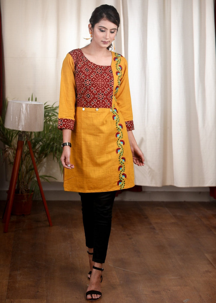 Thread embroidered mustard cotton Ajrakh tunic