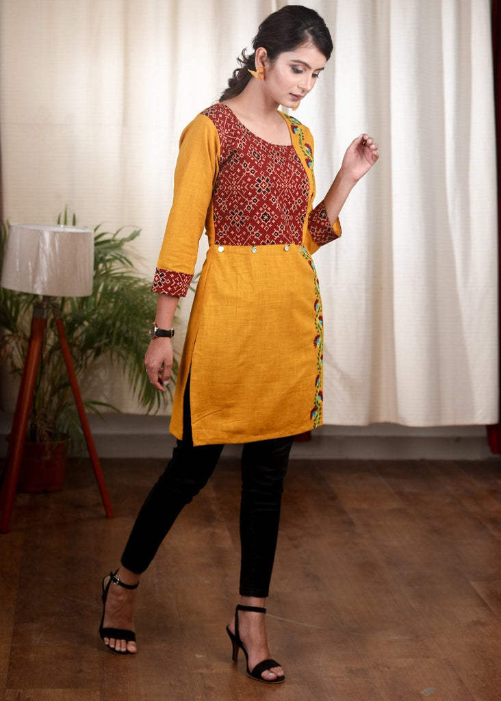 Thread embroidered mustard cotton Ajrakh tunic