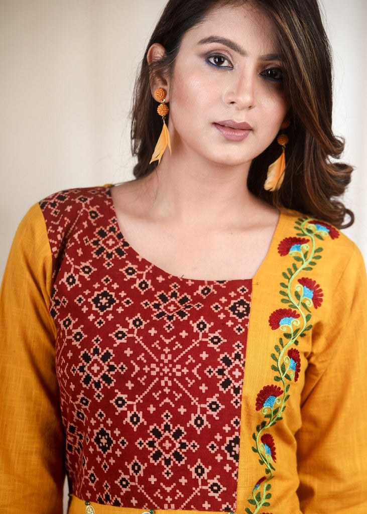 Thread embroidered mustard cotton Ajrakh tunic