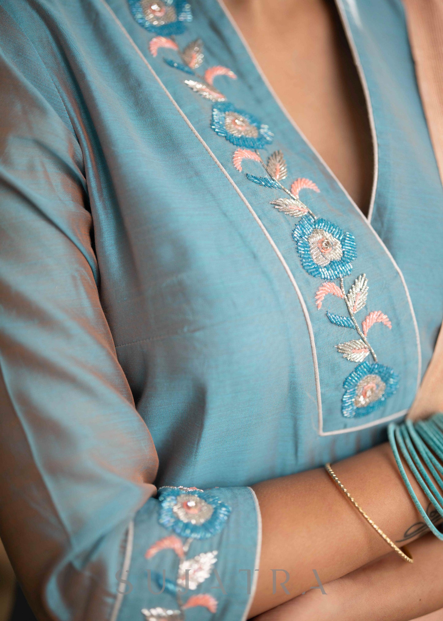 Beautiful Firozi Blue Chanderi Kurta With Glass Beadwork On Neckline & Sleeves