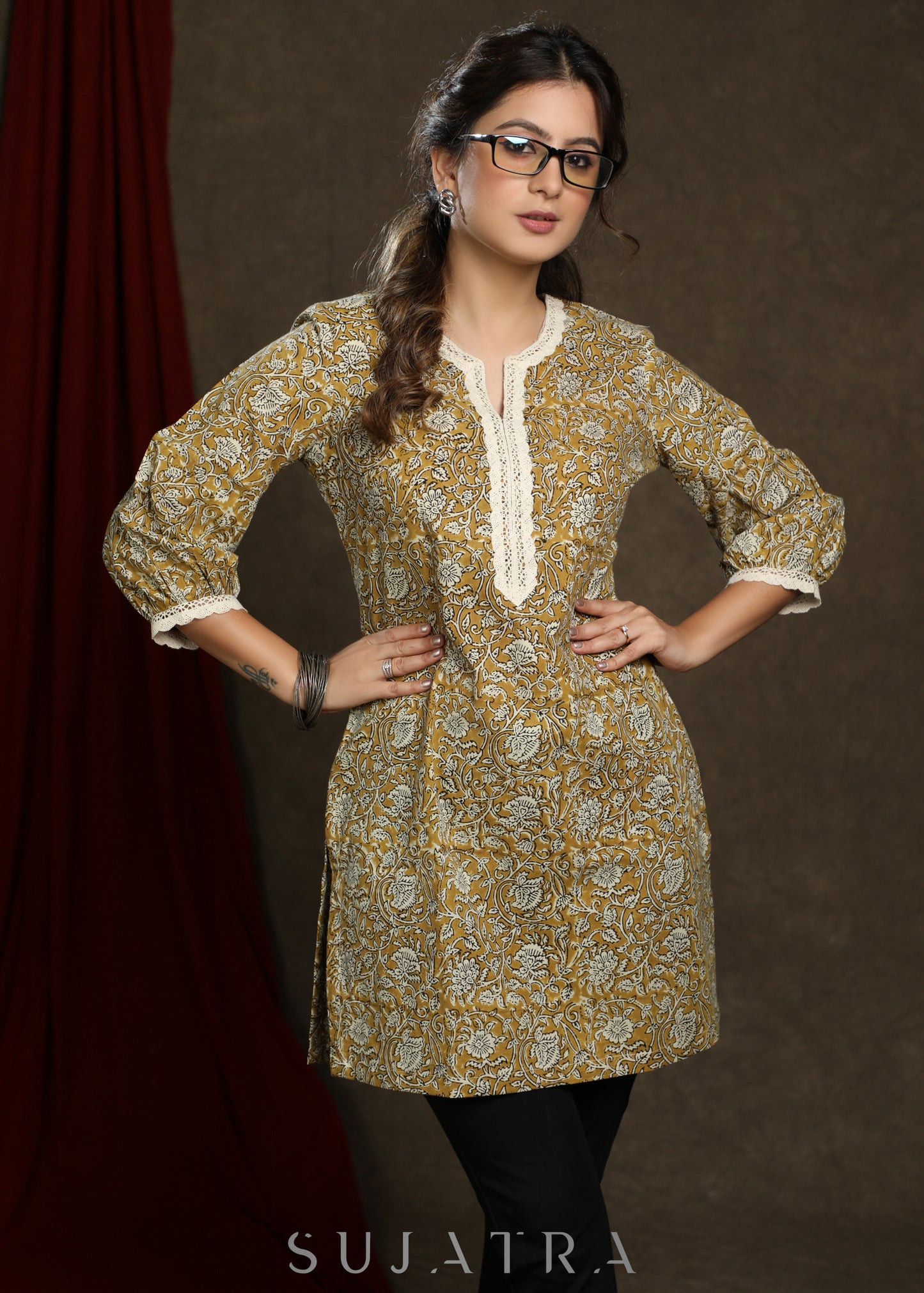 Casual mustard cotton printed tunic highlighted with beautiful lace