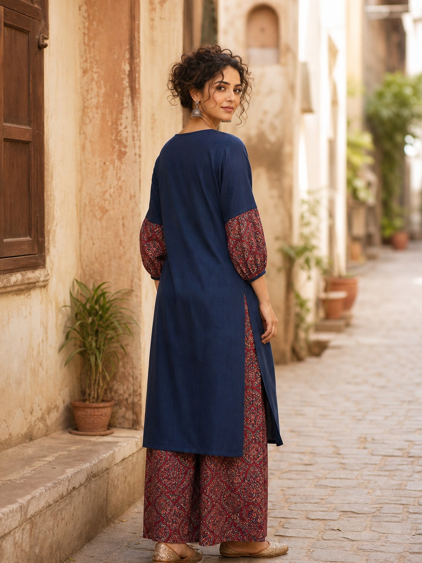 Sophisticated Navy Blue Pintucks Kurta with Delicate Embroidery & Contrast Kalamkari Cuffs
