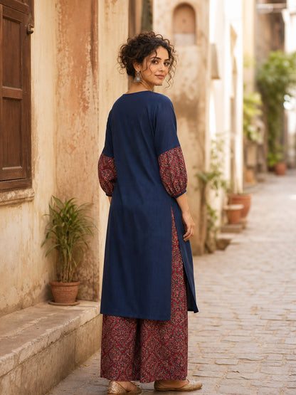 Sophisticated Navy Blue Pintucks Kurta with Delicate Embroidery & Contrast Kalamkari Cuffs
