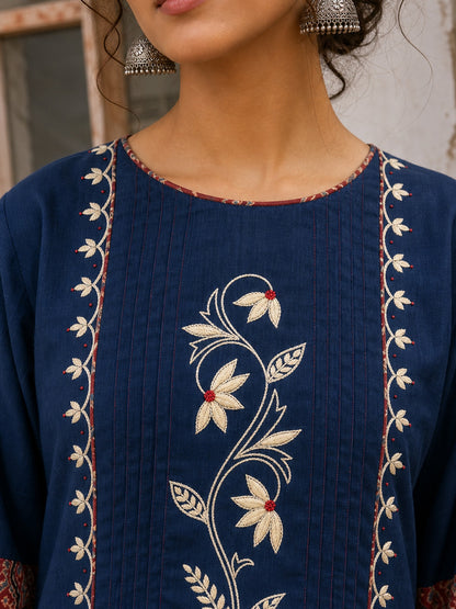 Sophisticated Navy Blue Pintucks Kurta with Delicate Embroidery & Contrast Kalamkari Cuffs