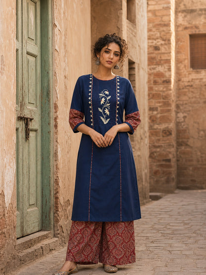 Sophisticated Navy Blue Pintucks Kurta with Delicate Embroidery & Contrast Kalamkari Cuffs