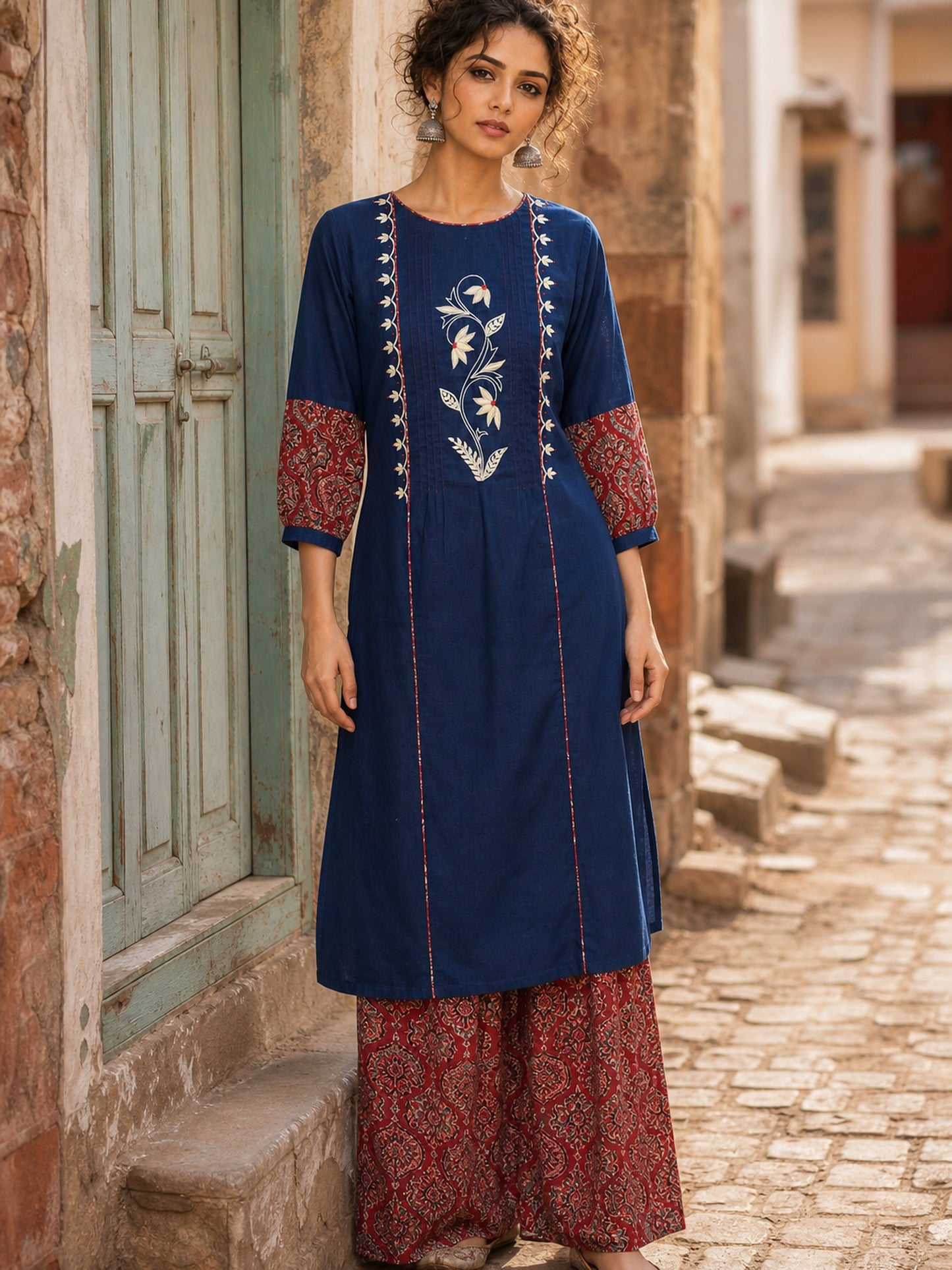 Sophisticated Navy Blue Pintucks Kurta with Delicate Embroidery & Contrast Kalamkari Cuffs