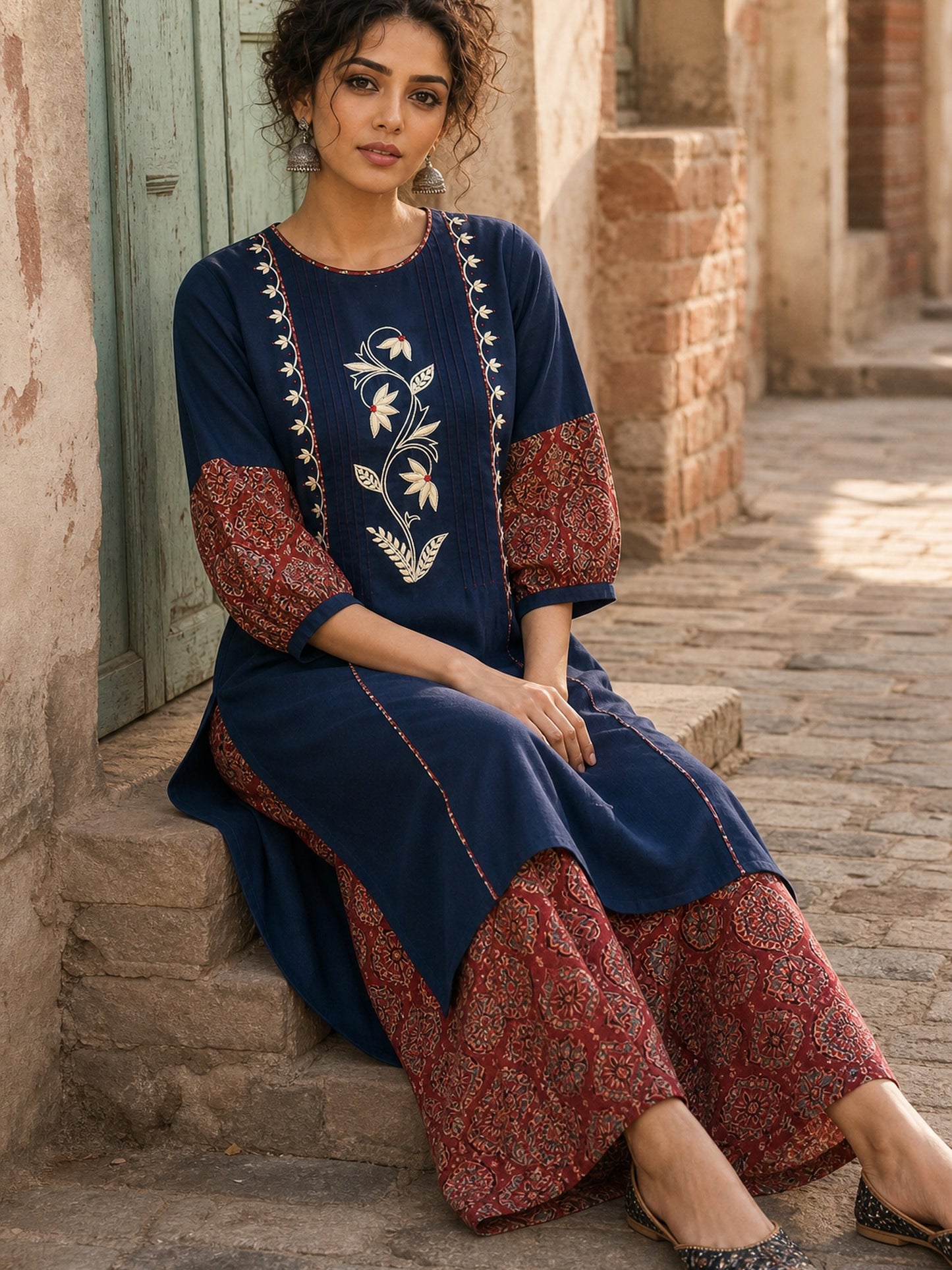 Sophisticated Navy Blue Pintucks Kurta with Delicate Embroidery & Contrast Kalamkari Cuffs