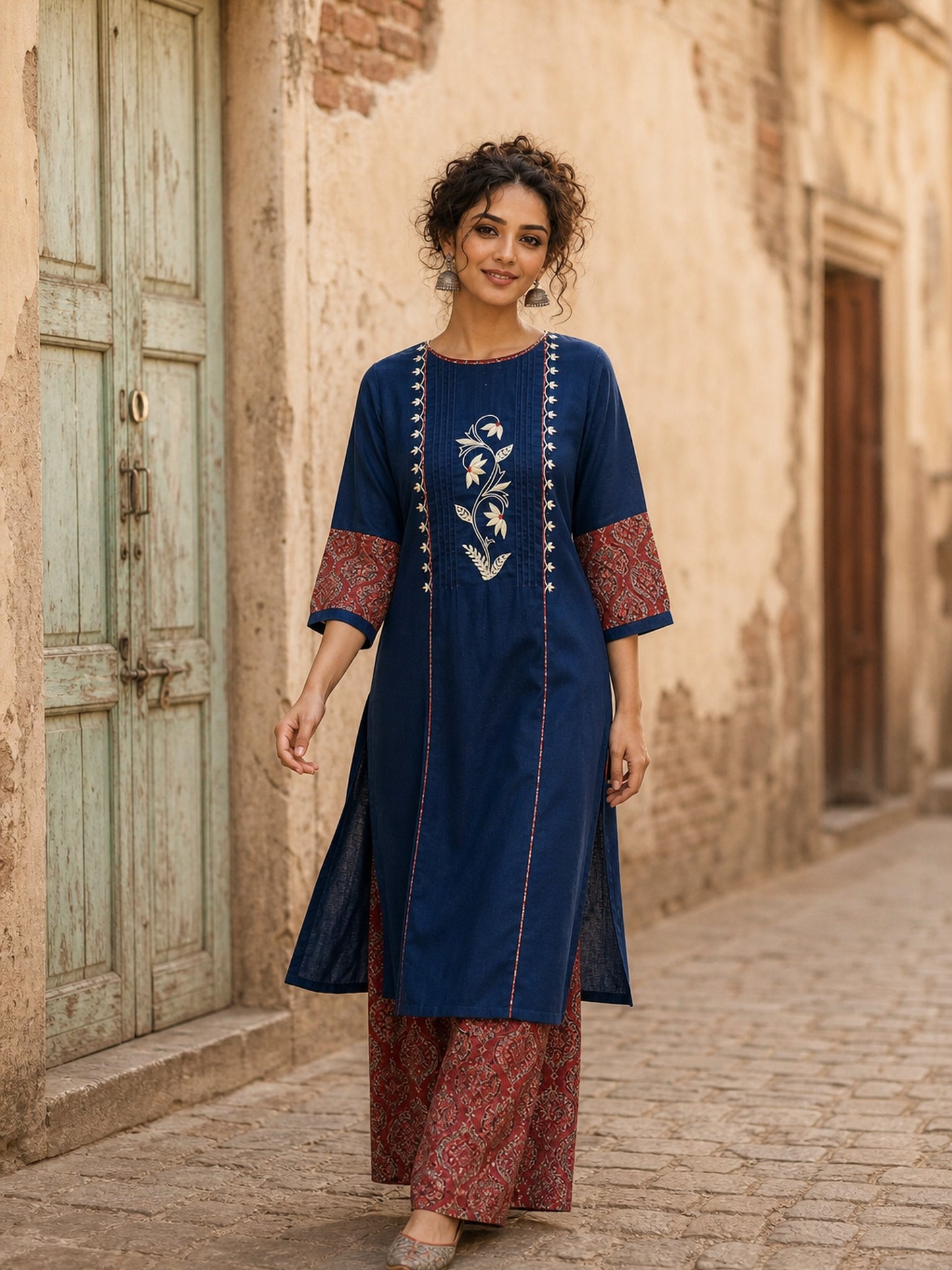 Sophisticated Navy Blue Pintucks Kurta with Delicate Embroidery & Contrast Kalamkari Cuffs