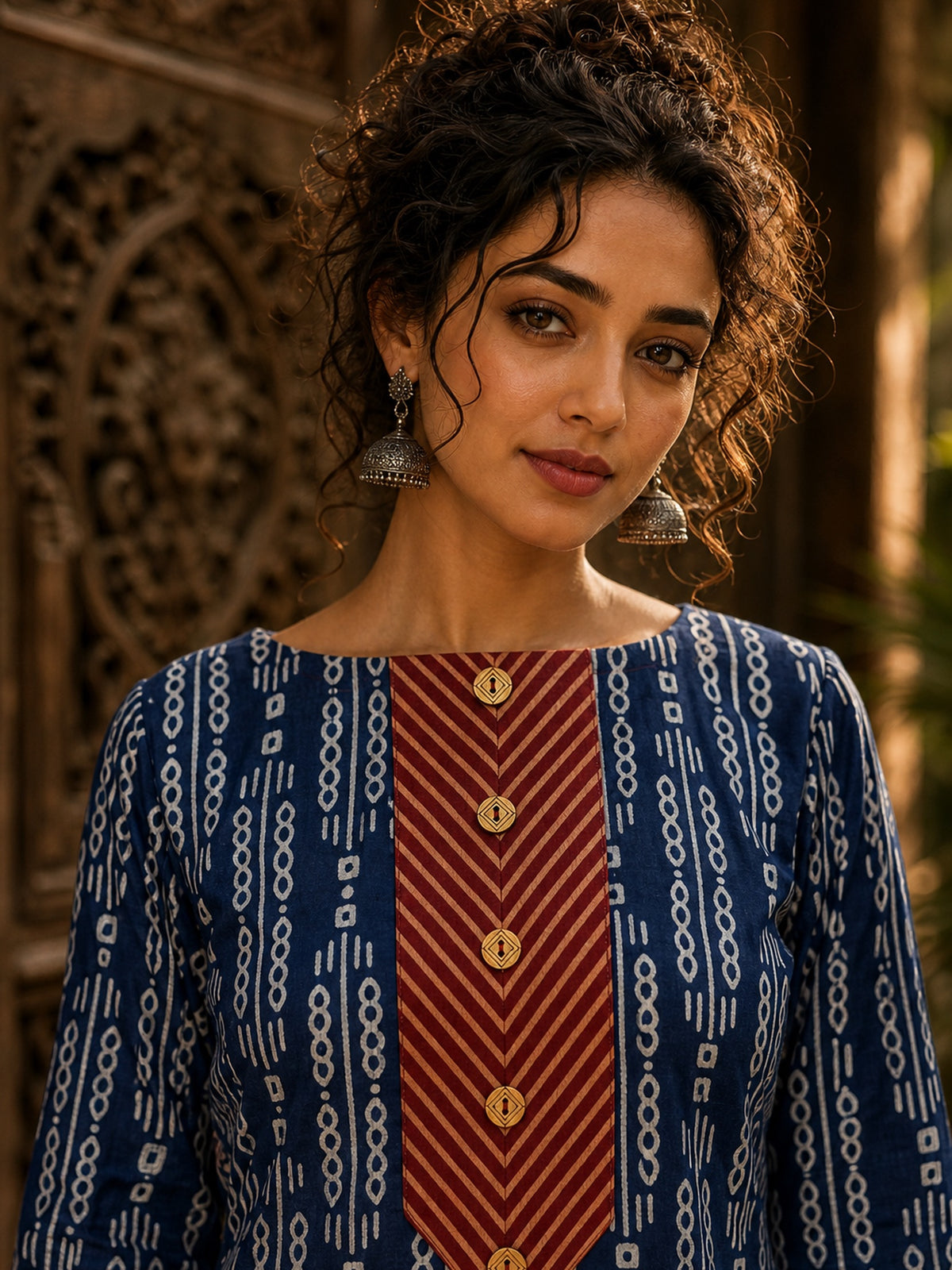 Indigo Dabu Print Kurta with Contrast Ajrakh Rust Chevron V-Placket & Matching Cuff Detail - Pant Optional
