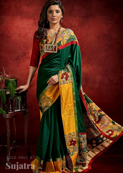 Stylish Green Chanderi Saree with Rust Cotton Silk Pallu and Exclusive Gond Painting
