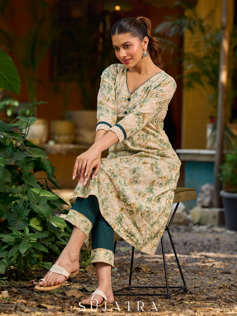 Soft cream delicate floral a line kurta with refined bottle green accents