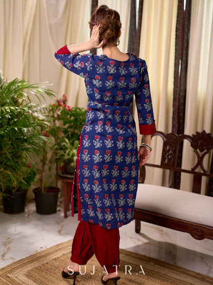 Elegant Navy Blue Tulip Buti Print Cotton Kurta with Pearl Embellished Neckline