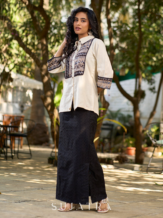 Ivory Heritage Cotton Flex Shirt with Traditional Geometric Kalamkari Prints
