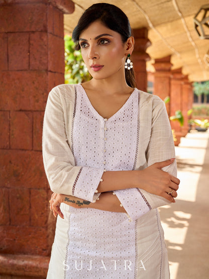 Stylish white cotton Hakoba combination kurta featuring intricate surface texture - pant optional