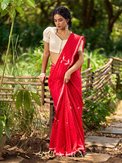 Striking Red Cotton Saree with Minimal Floral & Polka Print