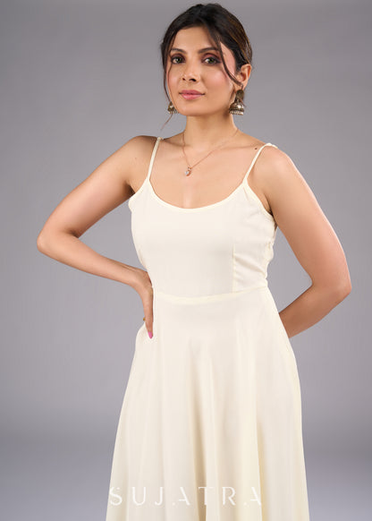 Strap into Elegance Off White Rayon Flared Dress - Viscose Shrug Optional