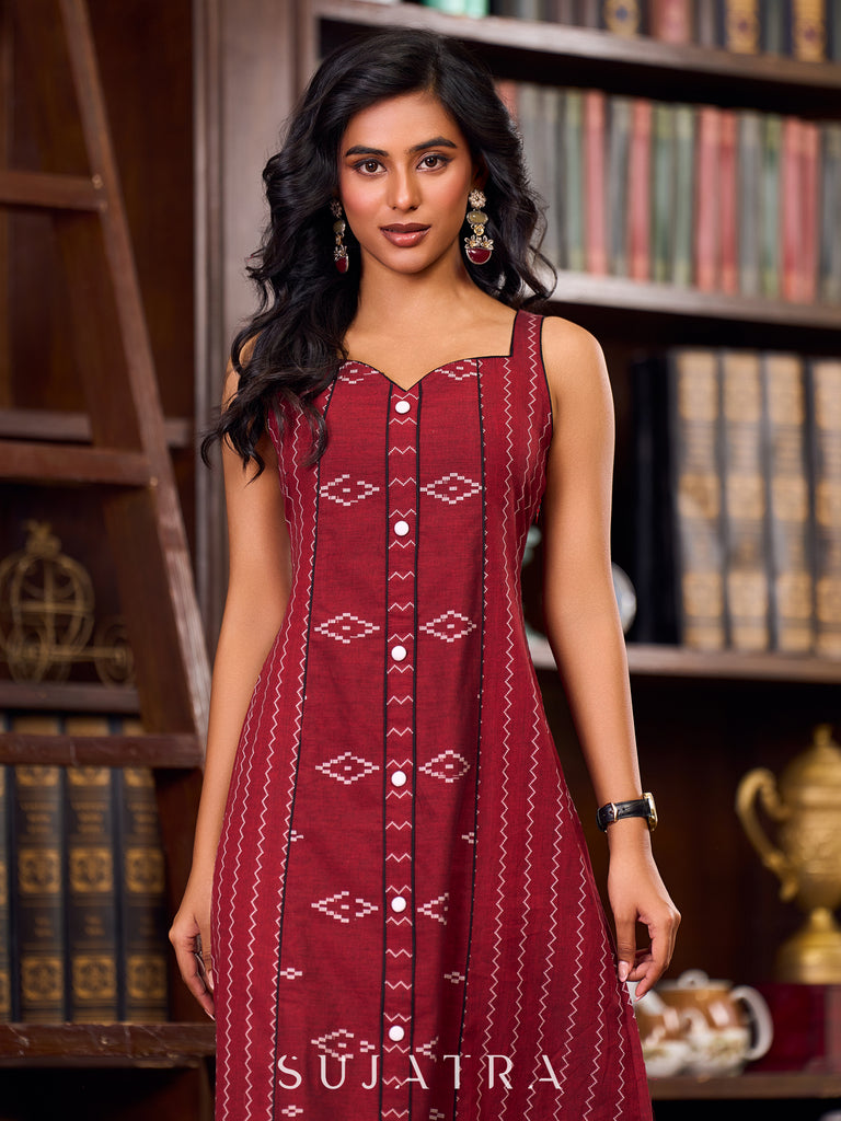 Maroon Woven Jamdani Cotton Panel Dress Featuring a Sweetheart Neckline and Sleeveless Silhouette - Jacket Optional