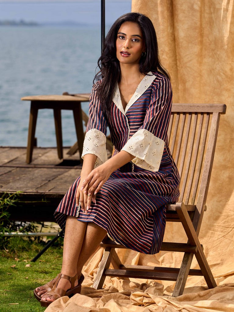 Indigo And Maroon Striped Cotton Dress With Contrast Lace & Hakoba Accents