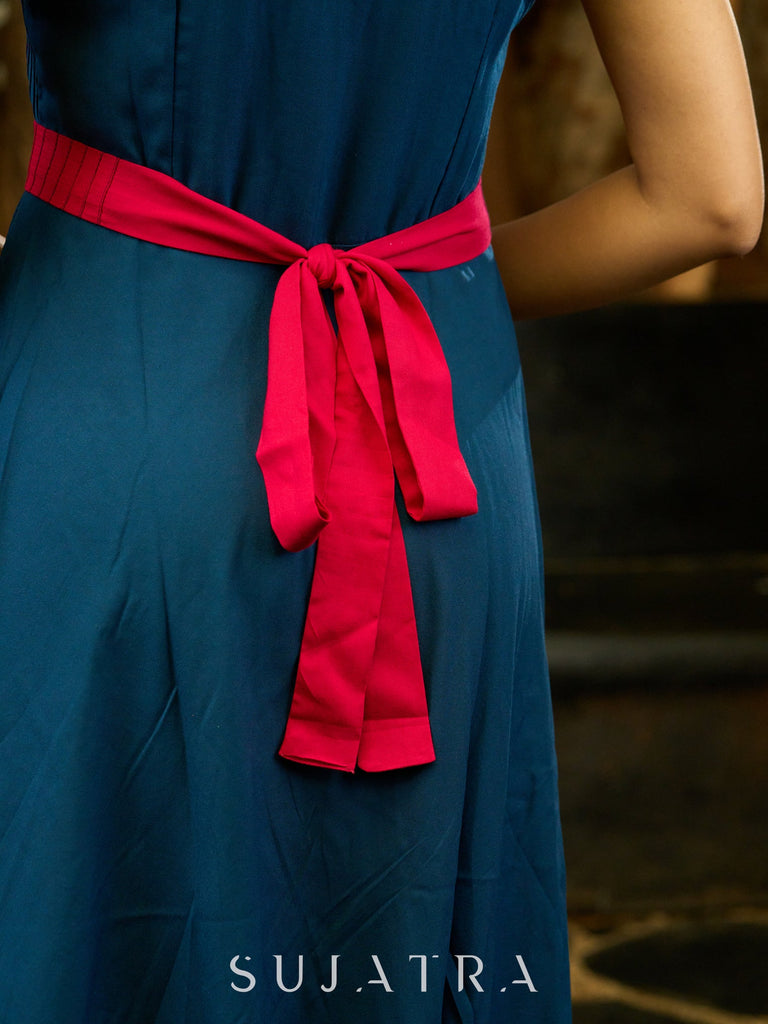 Moonlight Bloom Pintucked Navy Blue Flared Dress with Pink Pop