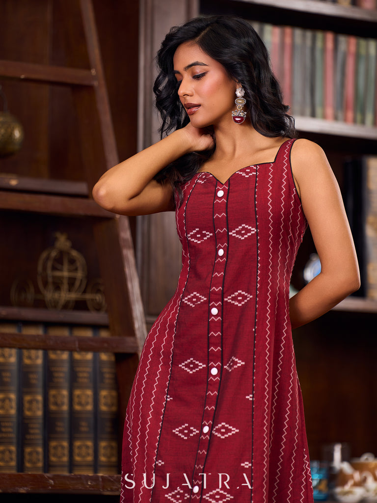 Maroon Handwoven Jamdani A-Line Dress Showcasing a Chic Sweetheart Neckline
