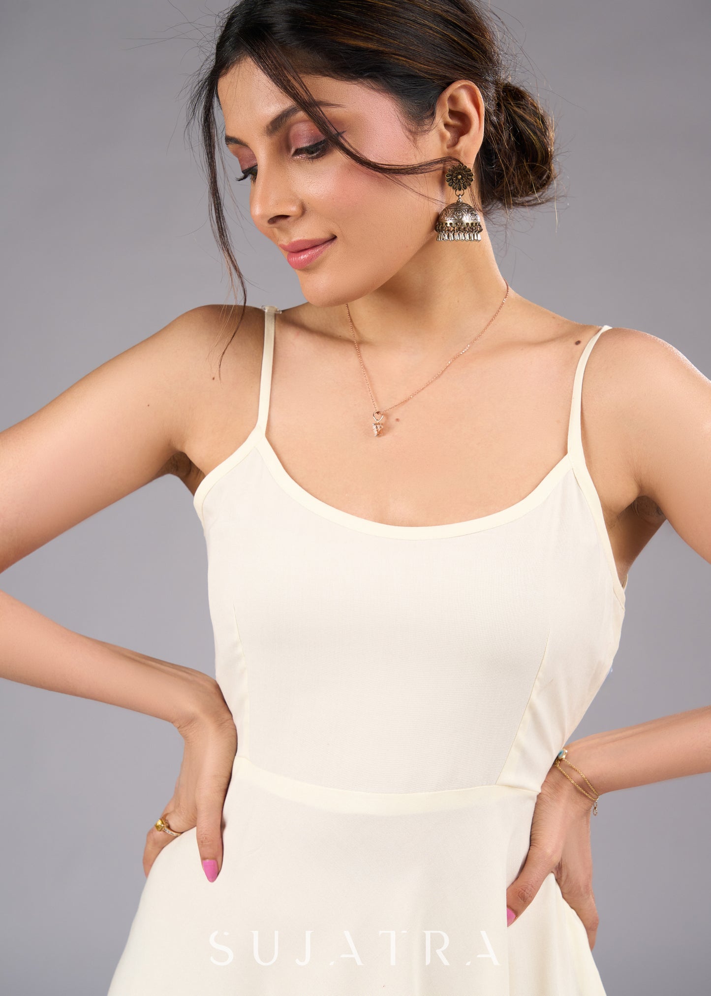 Strap into Elegance Off White Rayon Flared Dress - Viscose Shrug Optional