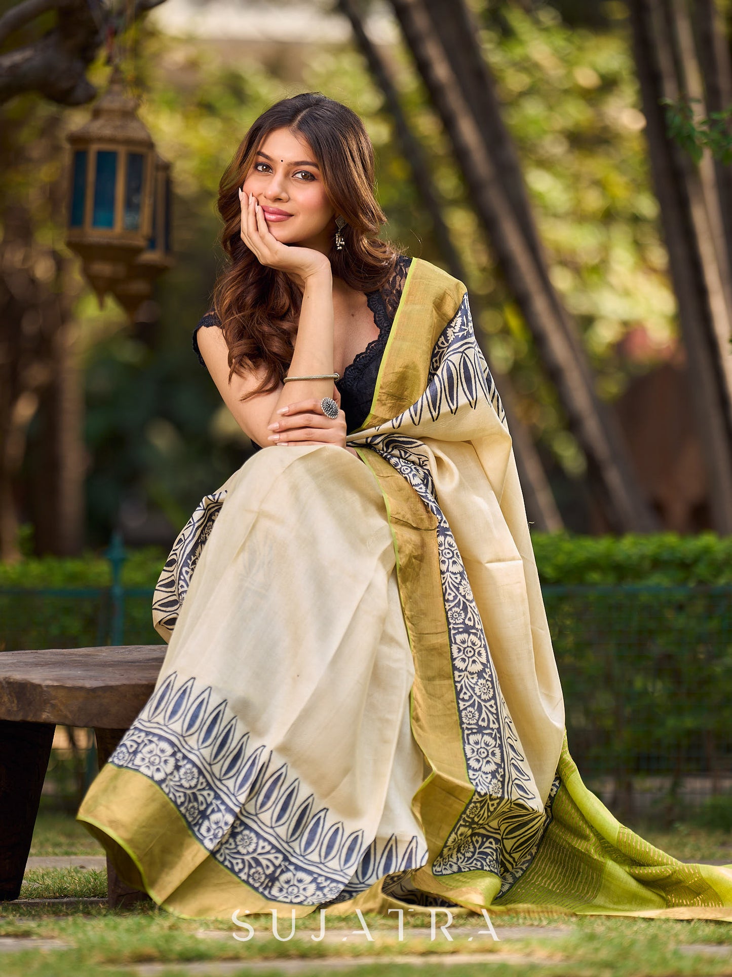 Ivory Handwoven Tussar Silk Saree with Traditional Gold Zari Detailing