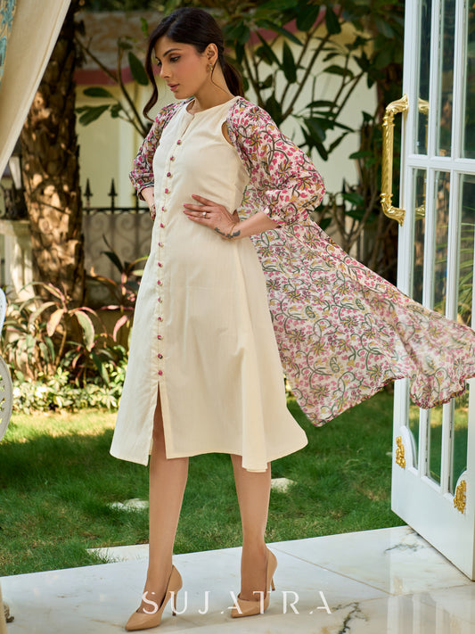 Structured Off-White Cotton Flex Sleeveless Dress with Delicate Contrast Floral Button Detailing - Jacket Optional