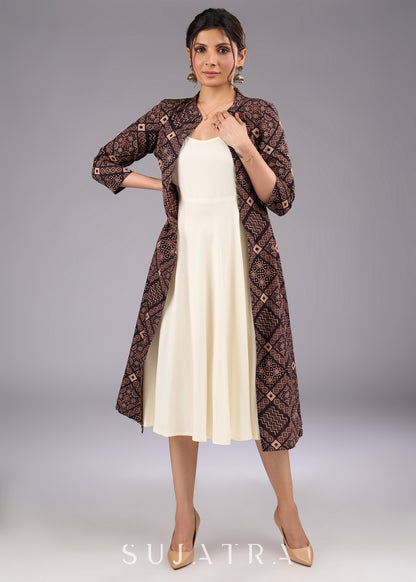 Mystic Charcoal Long Ajrakh Print Jacket - Dress optional
