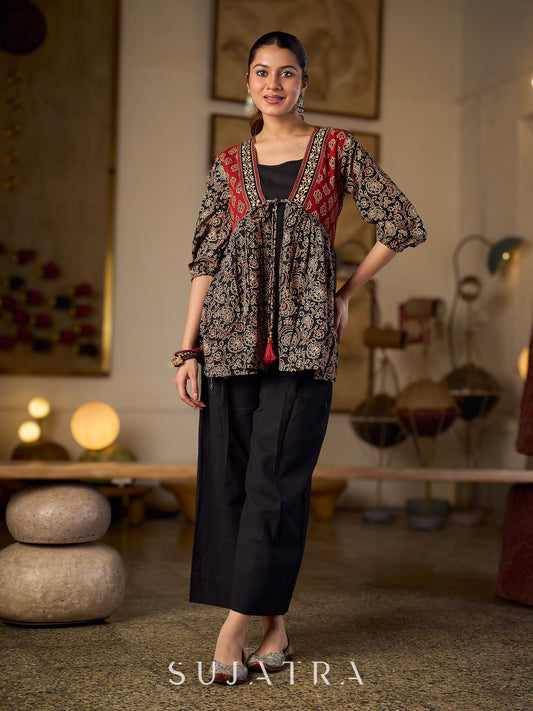 Graceful Ajrakh Printed Tie-Front Gathered Top With Elegant V Neckline And Softly Gathered Sleeves