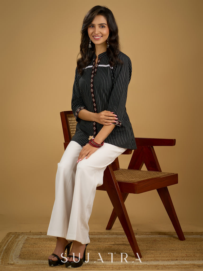 Classy black cotton ikat top with stylish lace details