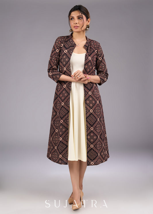 Mystic Charcoal Long Ajrakh Print Jacket - Dress optional