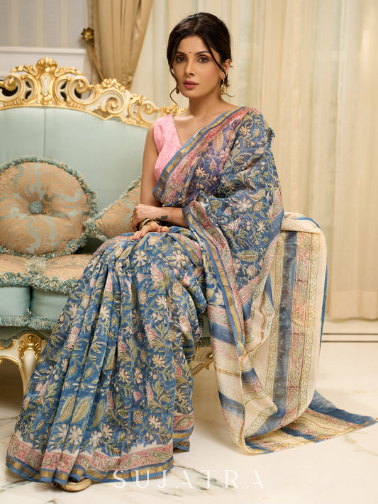 Dreamy Hand block-printed Chanderi saree bursting with floral opulence and vintage charm