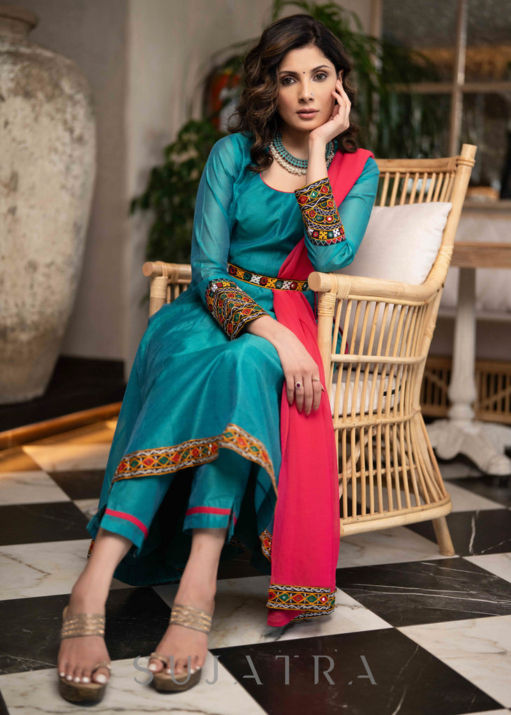 Beautiful Turquoise Chanderi Anarkali Kurta With Mirror Borders & Pant - Dupatta Optional