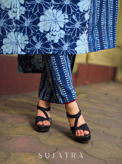 Contemporary Indigo Kurta Featuring Floral & Stripe Panels, Maroon Highlights and Asymmetric Gathered Yoke