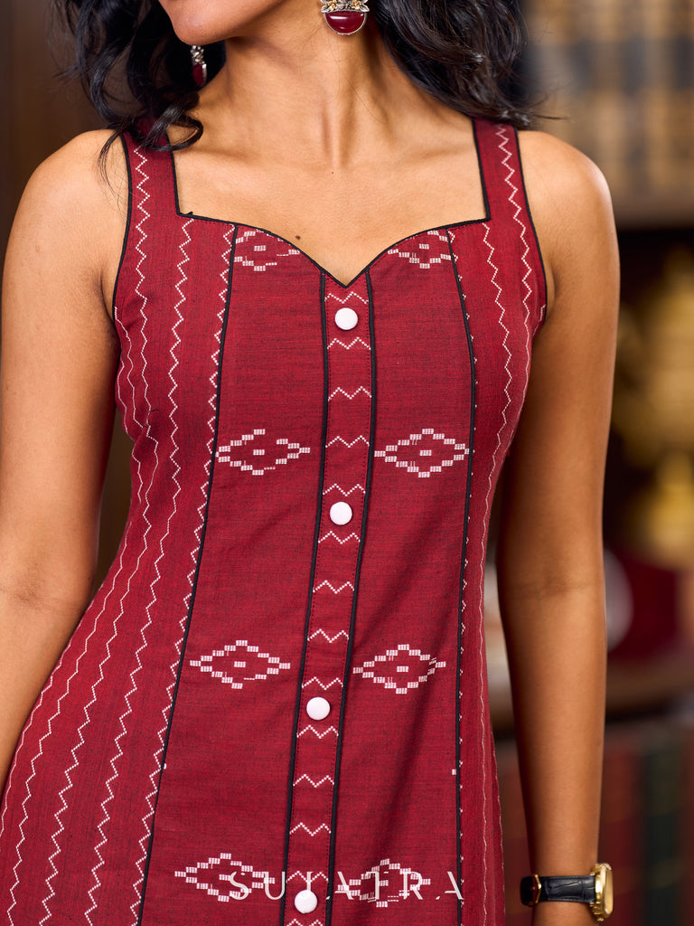 Maroon Handwoven Jamdani A-Line Dress Showcasing a Chic Sweetheart Neckline