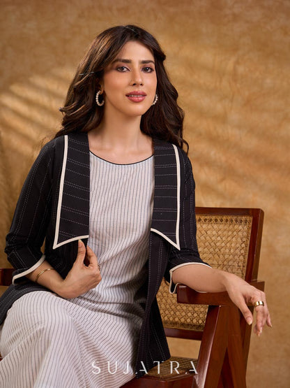 Ebony Black Stripe Cotton Cropped Formal Jacket with Sailor Collar and Ivory Trim
