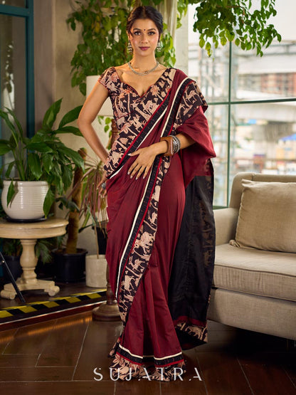 Classic Maroon-Black Dual-Tone Cotton Saree with Kalamkari Border & Pallu
