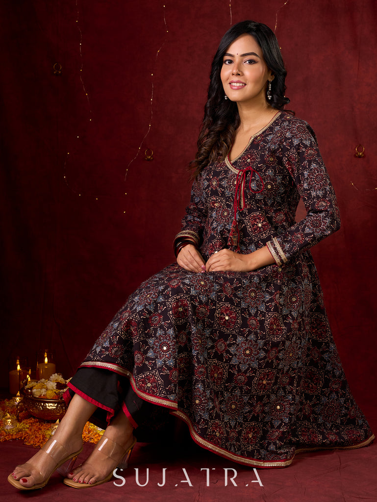 Timeless Black Ajrakh Flared Anarkali with Subtle Artisanal Hand Embroidered Touch